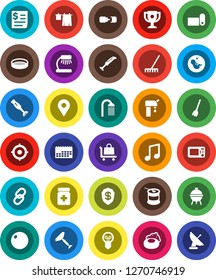 White Solid Icon Set- soap vector, scraper, broom, rake, drying clothes, shower, blender, bbq, sieve, table lamp, award cup, music, target, fitball, sports nutrition, fitness mat, calendar, receipt