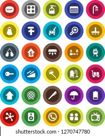 White Solid Icon Set- soap vector, cleaner trolley, vacuum, towel, liquid, water closet, oven, bbq, pen, dollar growth, arrow up, boxing glove, target, molecule, calendar, stairways run, cargo, key