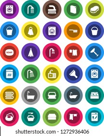 White Solid Icon Set- soap vector, scraper, fetlock, bucket, sponge, towel, bath, drying clothes, washer, washing powder, shower, sink, dishwasher