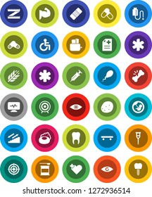 White Solid Icon Set- soap vector, toaster, potato, measuring, muscule hand, skateboard, target, pills, sports nutrition, stairways run, cereals, ambulance star, disabled, heart cross, eye, syringe