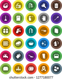 White Solid Icon Set- soap vector, plunger, scraper, water tap, vacuum cleaner, fetlock, scoop, sponge, towel, trash bin, car, shining, steaming, foam basin, washing powder, sprayer, rubber glove