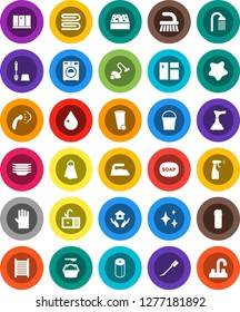 White Solid Icon Set- soap vector, plunger, vacuum cleaner, fetlock, bucket, sponge, towel, trash bin, water drop, car, shining, window cleaning, splotch, iron, steaming, toilet brush, washer, agent