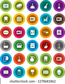 White Solid Icon Set- soap vector, plunger, cleaner trolley, broom, fetlock, mop, scoop, sponge, towel, welcome mat, bath, liquid, shining window, toilet paper, microwave oven, tooth, implant