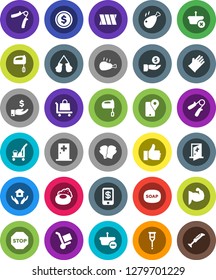 White Solid Icon Set- soap vector, cleaner trolley, rubber glove, house hold, mixer, chicken leg, dollar coin, investment, hand trainer, muscule, boxing, traking, finger up, crutches, bandage, stop