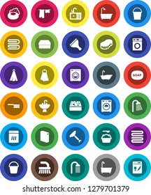 White Solid Icon Set- soap vector, scraper, fetlock, bucket, sponge, towel, bath, drying clothes, washer, washing powder, shower, sink, dishwasher