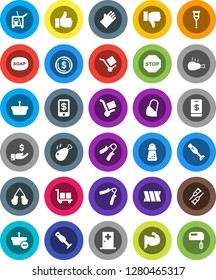 White Solid Icon Set- soap vector, cleaner trolley, rubber glove, hand mill, blender, chicken leg, dollar coin, investment, trainer, muscule, boxing, cargo, finger up, down, crutches, bandage, stop