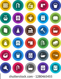 White Solid Icon Set- soap vector, scraper, fetlock, bucket, sponge, towel, bath, drying clothes, washer, washing powder, shower, sink, dishwasher