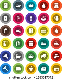 White Solid Icon Set- soap vector, scraper, water tap, sponge, drop, bath, foam basin, sprayer, shower, closet, sink, kettle, measuring cup, double boiler, jug, enegry drink, bottle, pool, supply