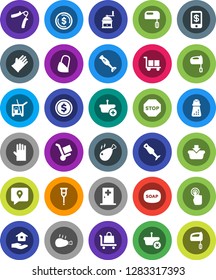 White Solid Icon Set- soap vector, cleaner trolley, rubber glove, house hold, hand mill, mixer, blender, chicken leg, dollar coin, trainer, traking, cargo, touchscreen, crutches, bandage, stop