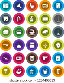 White Solid Icon Set- soap vector, scraper, cleaner trolley, fetlock, mop, scoop, bucket, sponge, trash bin, window cleaning, welcome mat, toilet, drying clothes, liquid, shining, microwave oven