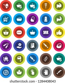 White Solid Icon Set- soap vector, cleaner trolley, foam basin, rubber glove, house hold, hand mill, mixer, blender, dollar coin, trainer, muscule, cargo, touchscreen, finger up, crutches, bandage