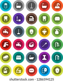 White Solid Icon Set- soap vector, water tap, fetlock, mop, sponge, car, bath, toilet brush, liquid, paper, shower, sink, tooth, epilator