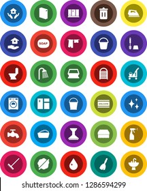 White Solid Icon Set- soap vector, cleaner trolley, broom, rake, bucket, sponge, trash bin, water drop, tap, car fetlock, shining, window cleaning, splotch, welcome mat, iron, toilet, drying clothes