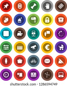 White Solid Icon Set- soap vector, drying clothes, rubber glove, pan, rolling pin, hand mill, blackboard, telescope, constellation, cash, man, euro sign, bike, bone, stadium, clock, thumbtack, lock