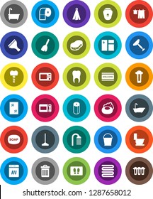 White Solid Icon Set- soap vector, scraper, broom, mop, bucket, sponge, trash bin, window cleaning, welcome mat, bath, toilet, drying clothes, paper, shower, towel, tooth, implant, dishwasher