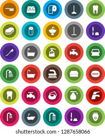 White Solid Icon Set- soap vector, water tap, fetlock, mop, sponge, car, bath, toilet brush, liquid, paper, shower, sink, tooth, epilator