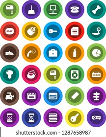 White Solid Icon Set- soap vector, scoop, steaming, cleaning agent, towel, mixer, mushroom, pencil, case, document, pie graph, sand clock, snickers, bone, signpost, calendar, big scales, cinema clap
