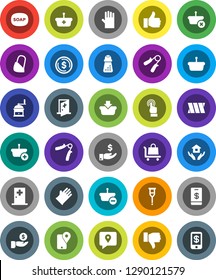 White Solid Icon Set- soap vector, rubber glove, house hold, hand mill, dollar coin, investment, trainer, traking, touchscreen, finger up, down, crutches, bandage, medical room, basket, trolley