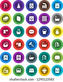 White Solid Icon Set- soap vector, scraper, fetlock, bucket, sponge, towel, bath, drying clothes, washer, washing powder, shower, sink, dishwasher
