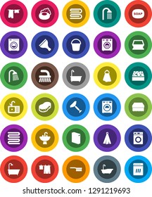 White Solid Icon Set- soap vector, scraper, fetlock, bucket, sponge, towel, bath, drying clothes, washer, washing powder, shower, sink, dishwasher
