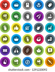 White Solid Icon Set- soap vector, cleaner trolley, foam basin, rubber glove, house hold, mixer, chicken leg, dollar coin, investment, hand trainer, muscule, boxing, traking, cargo, touchscreen