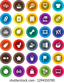 White Solid Icon Set- soap vector, toilet, camping cauldron, measuring cup, cake, glasses, table lamp, presentation, flag, leaf, receipt, money search, fitball, pool, bone, no hook, barcode, hub
