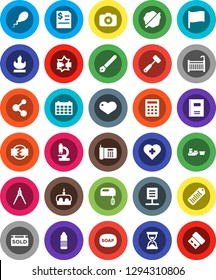 White Solid Icon Set- soap vector, splotch, meat hammer, cake, copybook, pen, drawing compass, flag, annual report, sand clock, calendar, molecule, water bottle, heart cross, port, flammable, camera