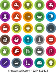 White Solid Icon Set- soap vector, water tap, fetlock, mop, sponge, car, bath, toilet brush, liquid, paper, shower, sink, tooth, epilator