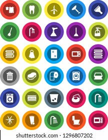 White Solid Icon Set- soap vector, plunger, scraper, broom, sponge, towel, trash bin, window cleaning, welcome mat, toilet, drying clothes, washer, liquid, paper, shower, tooth, windmill, bath
