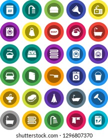 White Solid Icon Set- soap vector, scraper, fetlock, bucket, sponge, towel, bath, drying clothes, washer, washing powder, shower, sink, dishwasher