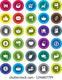 White Solid Icon Set- soap vector, cleaner trolley, foam basin, rubber glove, mixer, chicken leg, dollar coin, investment, muscule hand, boxing, cargo, touchscreen, finger up, crutches, bandage