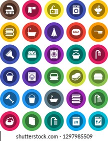 White Solid Icon Set- soap vector, scraper, fetlock, bucket, sponge, towel, bath, drying clothes, washer, washing powder, shower, sink, dishwasher