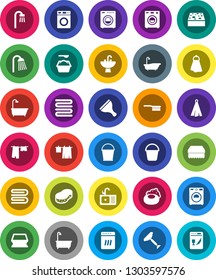 White Solid Icon Set- soap vector, scraper, fetlock, bucket, sponge, towel, bath, drying clothes, washer, washing powder, shower, sink, dishwasher