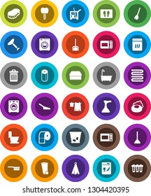 White Solid Icon Set- soap vector, plunger, scraper, cleaner trolley, broom, fetlock, scoop, sponge, trash bin, welcome mat, bath, toilet, drying clothes, paper, towel, microwave oven, tooth implant