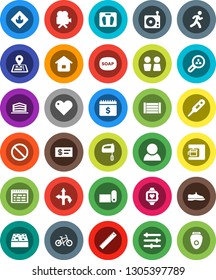White Solid Icon Set- soap vector, sponge, water closet, ruler, schedule, dollar calendar, scales, bike, snickers, heart monitor, fitness mat, prohibition sign, run, route, navigator, wood box, home