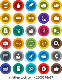 White Solid Icon Set- soap vector, vacuum cleaner, water drop, toilet brush, foam basin, plates, steak, pen, school building, scissors, constellation, case, check, dollar shield, cent sign, buttocks