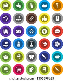 White Solid Icon Set- soap vector, foam basin, house hold, hand mill, mixer, blender, dollar coin, investment, trainer, muscule, boxing glove, traking, cargo, touchscreen, finger up, crutches, stop