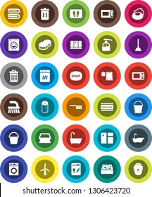 White Solid Icon Set- soap vector, plunger, fetlock, bucket, sponge, towel, trash bin, window cleaning, welcome mat, bath, drying clothes, washer, liquid, shining, toilet paper, microwave oven