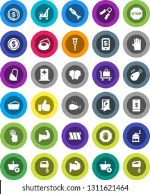 White Solid Icon Set- soap vector, cleaner trolley, foam basin, rubber glove, hand mill, mixer, blender, chicken leg, dollar coin, trainer, muscule, boxing, touchscreen, finger up, crutches, bandage