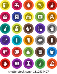 White Solid Icon Set- soap vector, broom, vacuum cleaner, scoop, bucket, clothespin, trash bin, water drop, tap, car fetlock, welcome mat, steaming, drying clothes, toilet brush, washer, liquid