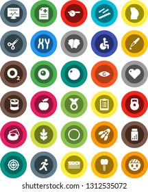 White Solid Icon Set- soap vector, diet, clipboard, pills vial, weight, fitball, buttocks, boxing glove, target, medal, sports nutrition, stairways run, cereals, breads, shuttlecock, hoop, oxygen