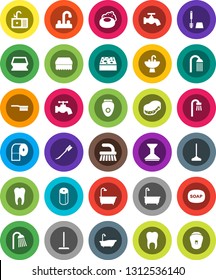 White Solid Icon Set- soap vector, fetlock, mop, sponge, water tap, car, bath, toilet brush, paper, shower, sink, tooth, epilator