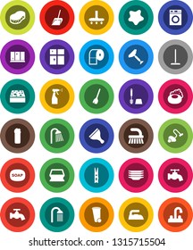White Solid Icon Set- soap vector, scraper, broom, vacuum cleaner, fetlock, mop, scoop, clothespin, sponge, trash bin, water tap, splotch, iron, toilet brush, washer, sprayer, cleaning agent, plates