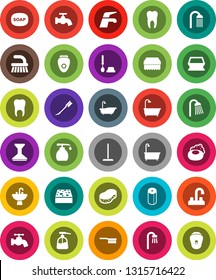 White Solid Icon Set- soap vector, water tap, fetlock, mop, sponge, car, bath, toilet brush, liquid, paper, shower, sink, tooth, epilator