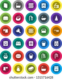White Solid Icon Set- soap vector, scraper, fetlock, bucket, sponge, towel, bath, drying clothes, washer, washing powder, shower, sink, dishwasher
