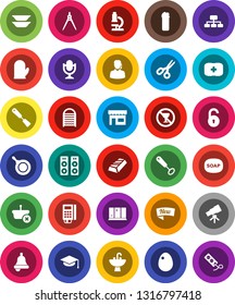 White Solid Icon Set- soap vector, cleaning agent, washboard, shining window, sink, pan, cook glove, whisk, spatula, plates, egg, graduate hat, drawing compass, telescope, microscope, bell, scissors