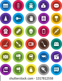 White Solid Icon Set- soap vector, rake, sponge, towel, rubber glove, cook press, skimmer, ladle, mixer, graduate hat, pencil, table lamp, calendar, traffic light, wood box, cinema clap, battery