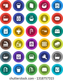 White Solid Icon Set- soap vector, scraper, fetlock, bucket, sponge, towel, bath, drying clothes, washer, washing powder, shower, sink, dishwasher