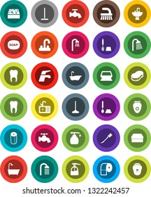 White Solid Icon Set- soap vector, water tap, fetlock, mop, sponge, car, bath, toilet brush, liquid, paper, shower, sink, tooth, epilator