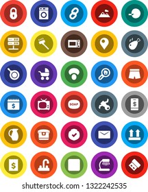 White Solid Icon Set- soap vector, vacuum cleaner, washer, water tap, pan, microwave oven, jug, mushroom, chicken leg, table lamp, receipt, dollar calendar, shorts, satellite, top sign, protected